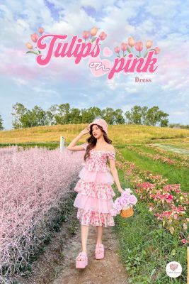 Tulips on Pink Dress เดรสพิมพ์ลายดอกไม้เเต่งระบาย 5 ชั้นผ้าซีฟองบอกเลยว่าน่ารักสุดๆ