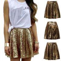 【CC】❂♞┅  Womens Fashion Waist Pleated Gold A-line Short Skirt Loose Sequin Skirts Night