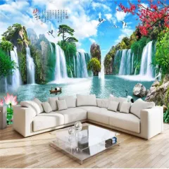 Custom 3D Green Forest Waterfall Natural Scenery Mural Wallpaper