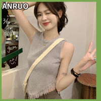 ANRUO เสื้อท่อนบนของผู้หญิงเสื้อท่อนบนแต่งพู่แบบไม่สม่ำเสมอลำลองเข้ารูปคอกลมแขนกุดฤดูร้อน Cewek Seksi