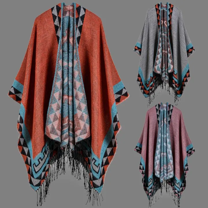 Boho Women Knitted Shawl Poncho Faux Cashmere Geometric Pattern Tassel  Oversized Warm Long Cape Orange / Pink / Grey HaiTao | Lazada