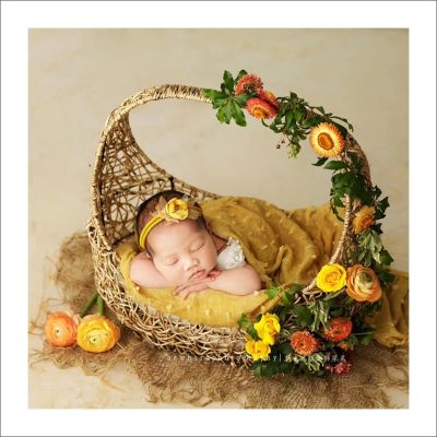 ❇☽๑ okhnxs Corda de palha punho oco grande cesta fotografia recém-nascido adereços mão-tecido natural do bebê crescimento foto comemorativa