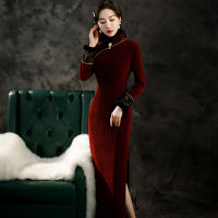 【CW】Chenille Cheongsam Winter 2022 New Velvet Thickened Long-sleeved R Dress Chinese Traditional Mother Evening Qipao For Women