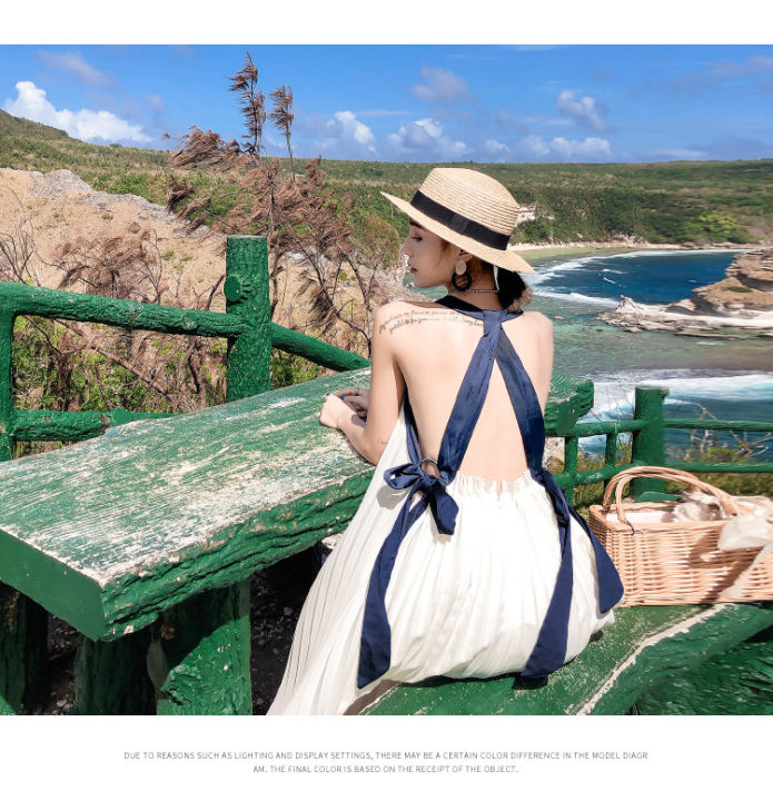 baby-เกาะภูเก็ตกระโปรงเดินชายหาดหญิงประเทศไทยสลิมแลดูผอมนางฟ้าเก๋พลีทกระโปรงยาวเปิดหลังสีขาวชุดแซ็กกระโปรง