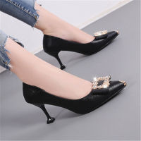 Beige Rhinestone Buckle Strap Slip-On Thin Heels Mary Janes Elegant Non-Slip Pointed Toe Shallow Sandals Office Lady Pumps