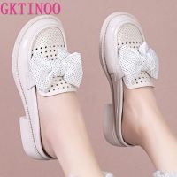 GKTINOO Women mules Loafers Summer 2023 New Genuine Leather Women Shoes British Style Casual Closed Toe Half Slippers Girls