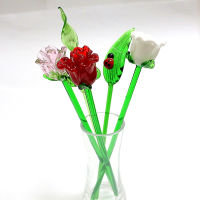 Hand Blown Glass Rose Flower Art Figurines Craft Wedding Valentines Day Favors Gifts Table Decoration Ornament Long Handle 16cm