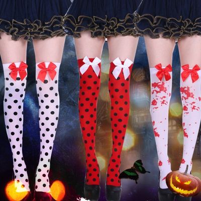 Women Halloween Bowknot Thigh High Stockings Horror Blood Stained Polka Dot Print Over Knee Bloody Socks Cosplay Costume
