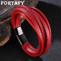 [ladies jewelry] FORTAFY อินเทรนด์สร้อยข้อมือหนังสีแดงผู้ชายสแตนเลสหลายถักเชือกกำไลสำหรับชายสายรัดข้อมือเครื่องประดับของขวัญ FR1076