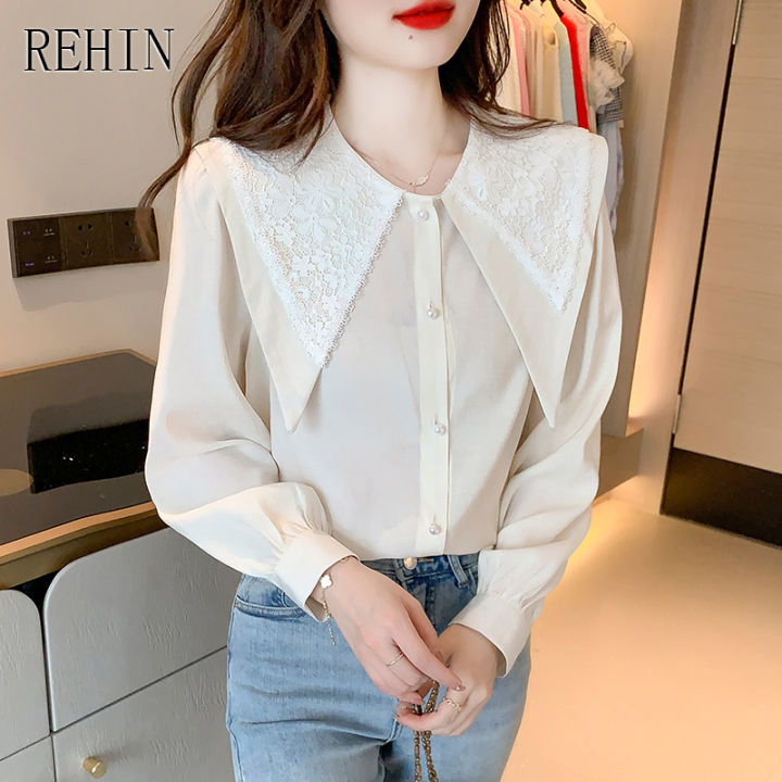 rehin-ผู้หญิงฤดูใบไม้ร่วงใหม่เวอร์ชั่นเกาหลีของปกปกลูกไม้เย็บเสื้อแขนยาวสีขาวเสื้อสง่างาม