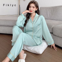 Fiklyc Spring Summer Autumn Full Sleeve Trousers Bear Print Cute Solid Satin Pajamas Sets Female Casual Home Sleep Clothes