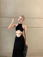 Black temperament niche designers new summer vacation hollow-out the waist is sexy sleeveless split long dress