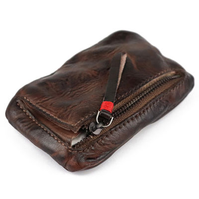 R Men S Leather Mini Coin Purse Card Case Holder Wallet Clutch Male Short Zipper Small Change Bag Handmade Worn Wallet