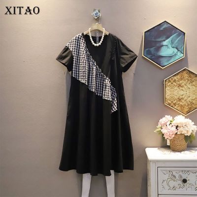 XITAO Dress Irregular Plaid Casual Patchwork T-shirt Dress