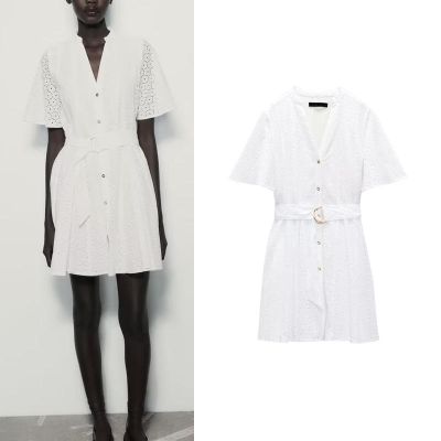 Zaraคาดชุดมินิเดรสปักคอวีกระดุมแถวเดียวสำหรับฤดูร้อนพร้อมเข็มขัด8175960ชุดขาวแหวกอก