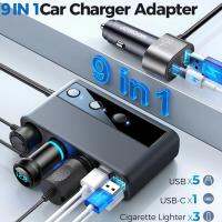 9 in 1 Car Mobile Phone Fast Charger Adapter 154W Multi-port 3 Socket Splitter Socket Cigarette Lighter PD+QC Quick Charge Head Car Chargers