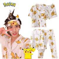 [HOT YUHIIIXWQQW 568]Pikachu Pokemon Pikachu ชุดนอนแขนยาวน่ารักใหม่สำหรับฤดูใบไม้ผลิฤดูร้อน2022ชุดนอนชุดนอนตัวยาวแบบเรียบง่ายสำหรับผู้ชายผู้หญิงบริการอยู่บ้าน