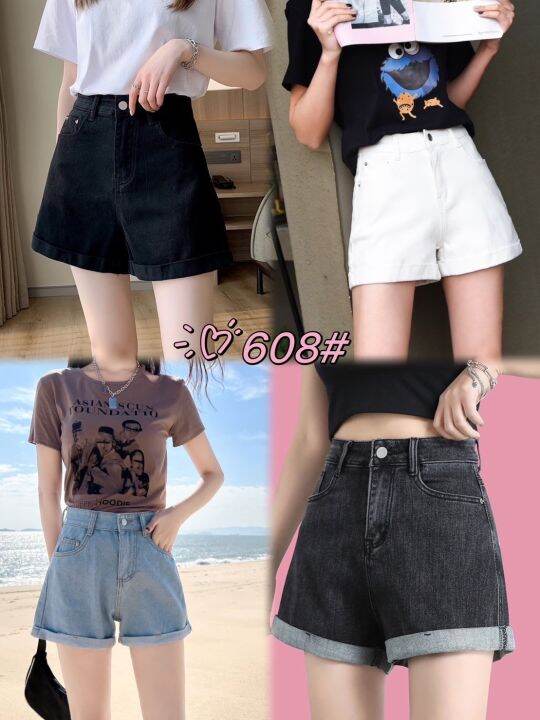 พร้อมส่ง-6608-กางเกงยืนส์-ขาสั้นของผู้หญิง-มีไซส์-m-xxl-เอวสูง-ตรงขากางเกงพับได้-พร้อมส่ง