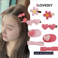 ILOVEDIY เซ็ตชุดโบว์ดอกไม้สีชมพู2ชิ้นเครื่องประดับผมเกาหลีหวานและสวยงาม