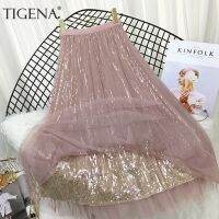 ✳✁✜ TIGENA Fashion Sequined Long Tulle Skirt Women Aesthetic Korean Casual A Line Elastic High Waist Midi Mesh Skirt Female Pink