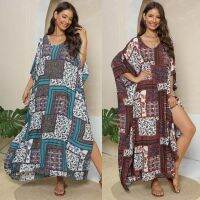 [COD] Womens dress cross-border European and ethnic style printing loose blouse beach vacation slit mopping Z796