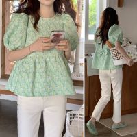 ◈卐 49529 Fresh Green Back Bow Short-Sleeved Doll Top Floral Shirt