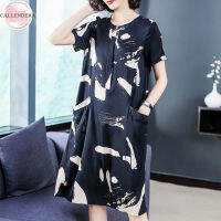 Womens Dress Summer Crew-neck Short-sleeve Printed Loose Mid-length Dress