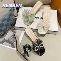 RENBEN รองเท้าแตะผู้หญิงส้นสูงคำเดียวสไตล์นางฟ้าใหม่ของผู้หญิงพร้อมโบว์ V725