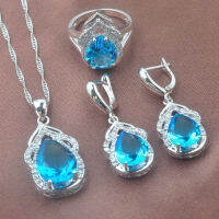 Shining Sky Blue Zirconia คริสตัลผู้หญิงสีเงินชุดเครื่องประดับสร้อยคอจี้ต่างหูแหวนวันเกิดของขวัญ TZ0307