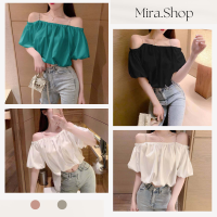 Mira.shop เสื้อสายเดี่ยวปากไหล่ระบายชายแขน เสื้อครอป  830#