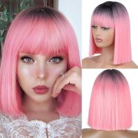 AZQUEEN Synthetic Bob Wigs Short Bob Straight Wig With Bangs for Women Black Pink Wig for Party Daily Use Shoulder Length