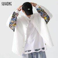 Suikone เสื้อเชิ้ตผู้ชายแฟชั่นสไตล์เกาหลีประกบพิมพ์และย้อมสีอินเทรนด์แบรนด์แจ็คเก็ตแขนยาวหลวมอินสไตล์คู่เสื้อลำลอง