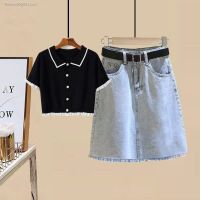 Fashion womens clothing for fat girls 2022 new summer style sweet age-reducing short-sleeved tops slim denim skirt suit