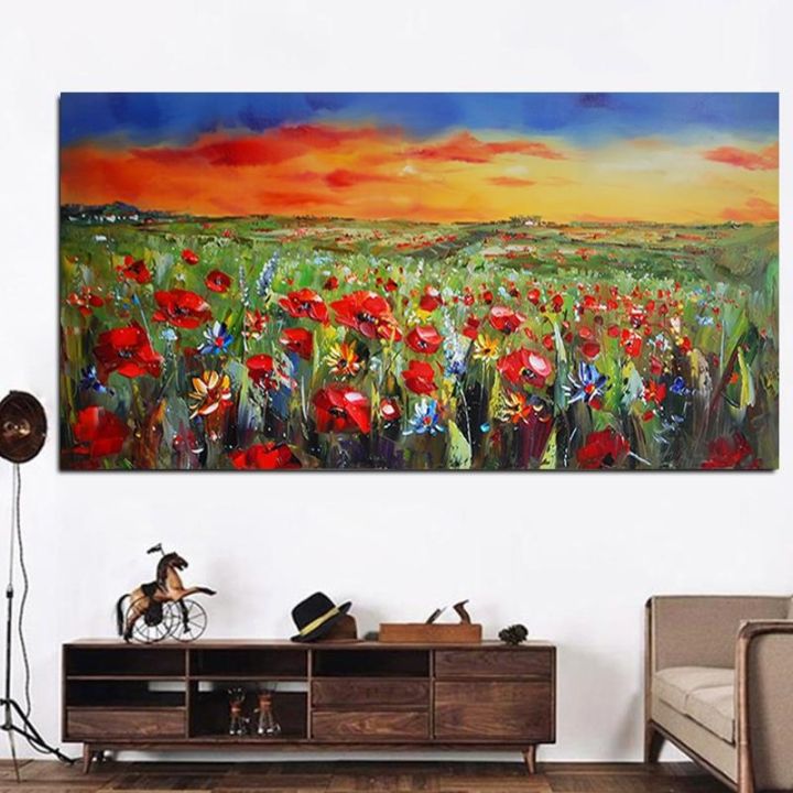 พิมพ์บทคัดย่อป่าสีแดงดอกไม้-poppies-ภาพวาดสีน้ำมันบนผ้าใบ-modern-pastoral-โปสเตอร์ภาพผนังสำหรับห้องนั่งเล่น