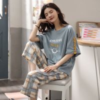 【Plus Size】(35-95kg) Pure Cotton Loose Short Sleeve Cropped Pant Pajamas Sets Thin Nightwear Homewear