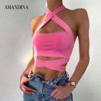 Amandina Luxe เสื้อกล้ามสายไขว้สำหรับผู้หญิงสีชมพูสุดฮอตเสื้อสายไขว้ด้านหลัง