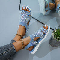 2022 New Summer Women Sandals fashion Stretch flying weave Rhinestone Casual Woman Flats Ladies Beach Shoe Big size 36-43