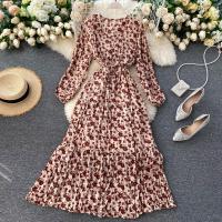 2020 Floral Women Dress Autumn V Neck Long Sleeve Elastic Waist French Sweet Fashion A-line Midi Long Dress