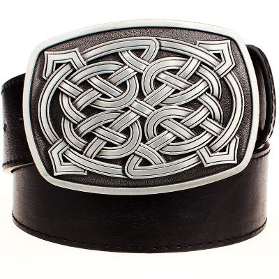 Fashion Leather Belts Big Metal Buckle Celtic Knot Style Weave Stripe Pattern Jeans Waistband For Men Women