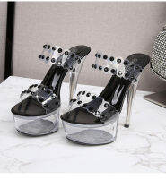 New Arrival October 2023 Women Open Toe Plus size Sexy Platform Heeled Sandals Catwalk Show Rivets Crystal Heel Slip-on