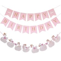 White Pink Swan Bunting Garlands Decoration Baby Shower Paperboard Happy Birthday Banner Princess Girls Party Hanging Wall Decor Banners Streamers Con