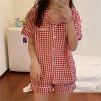 Sweet Pajamas Women Sleepwear Sets Femme Summer Pijama Short Sleeve Homewear Suit Leisure Korea Style Cow Printed 2PCS Plaid