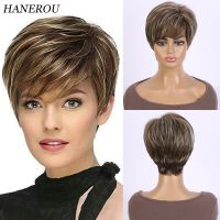 HANEROU Pixie Cut Short Straight Ombre Bown Wig Synthetic Women Haircut Natural Hair Wig for Daily Cosplay Party Wig  Hair Extensions Pads