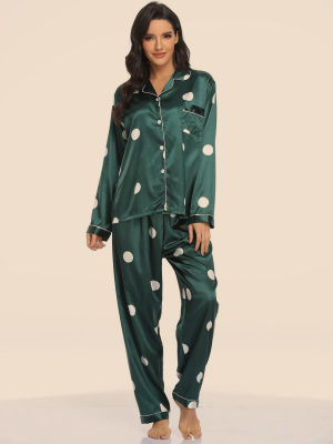 QWEEK Print Womens Pajamas Satin Pyjama Pour Femme Silk Like 2 Piece Set Loungewear Peignoir Femme Summer Autumn Sleepwear