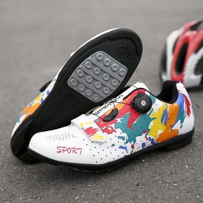 Cycling shoes professional rubber soled bike shoes sport shoes non lock shoes cycling sneakers camouflage leather low-top with Rotary knob bicycle shoes