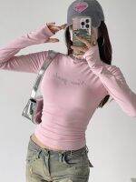 2023 High quality new style American hot girl hot diamond letters half-high collar long-sleeved slim T-shirt for women spring and autumn Barbie pink elastic tight bottoming shirt