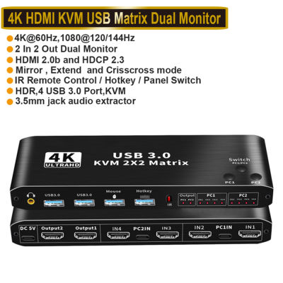 สวิทช์เมทริกซ์ HDMI 4K 60Hz HDMI 2.0สวิตช์ KVM 2จอภาพคอมพิวเตอร์2เครื่อง USB ฮับ3.0 HDCP 2.3เมาส์และคีย์บอร์ดเครื่องแยกสัญญาณเสียง