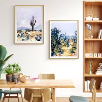 Cactus Sunset Desert Landscape Wall Art ภาพวาดผ้าใบ Modern Southwest โปสเตอร์และพิมพ์ Boho รูปภาพสำหรับตกแต่งห้องนั่งเล่น