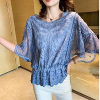 New 2023 Fashion Women Butterfly Flower Half Sleeve Shirt Elegant Chiffon Blouse Summer Cotton Lace O Neck Loose Tops 4073