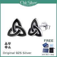 ChicSilver 925เงินสเตอร์ลิงต่างหูทรงปุ่มเซลติกสีดำขนาดเล็กสำหรับผู้หญิงตุ้มหูสีดำแพ้ง่าย